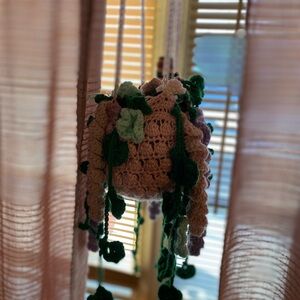 Crochet Hanging Planter with Green Accents